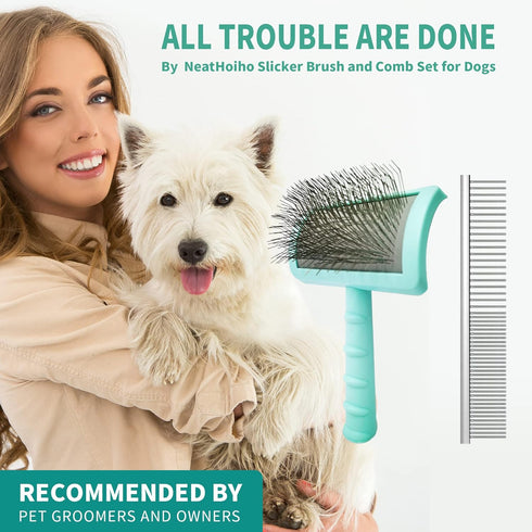 Large Firm Slicker Brush & Pet Comb Value Kit, Extra Long Pin Brush for Goldendoodles, Large Dog Grooming Wire Brush,