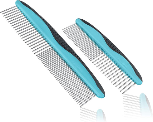Pets First 2 Pack Dog Comb, Small & Large Comb for Breeds with Anti-Slip Comfort Grip Ergonomic Handle