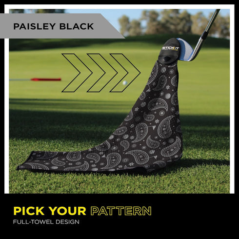 STICKIT Magnetic Golf Towel, Black Paisley Microfiber with Deep Waffle Pockets, Strong Magnet