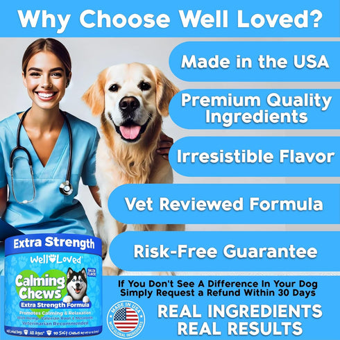 Recommended, Well Loved Calming Chews for Dogs - Dog Calm Treats, Made in USA, Vet Behavior Support with Melatonin