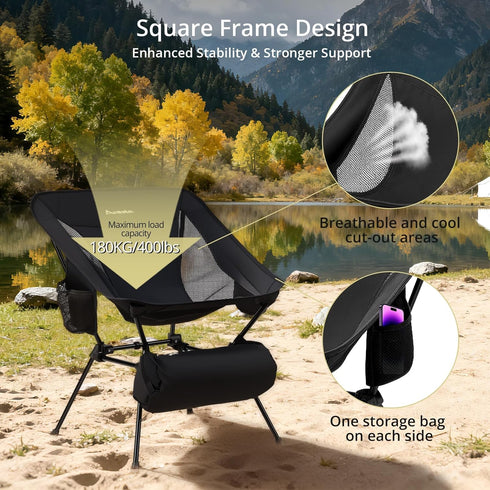 400LBS Setup Anbte Extra Height & Width Portable Camping Chair, Capacity Compact Folding Chair with Square Frame Quick