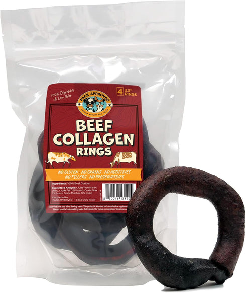 Beef Collagen Rings - Rawhide Free Dog Chews, 100% Beef Corium, Natural Dog Treats, Pack of 4