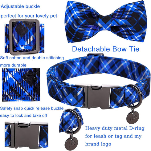 Dog Collar with Bow Tie, Cotton Bowtie Collar for Medium Girl Boy Dog, Holiday Blue, Neck 13.5-22in.
