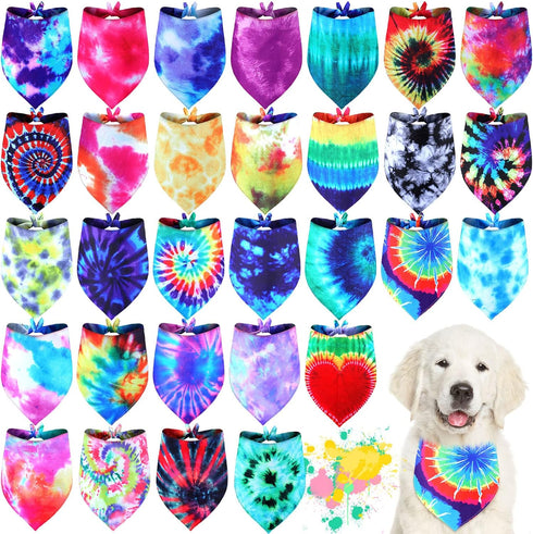 30 Pcs Tie Dye Dog Bandanas Bulk, Colorful Washable Triangle Pet Kerchief for Small Medium Large Dogs