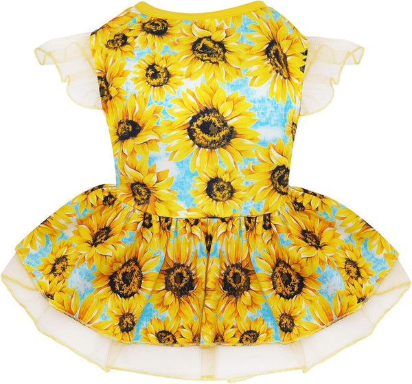 KYEESE Dog Dress for Small Dogs, Sunflower Sundress with Tulle and Ruffle Sleeves Dog Apparel