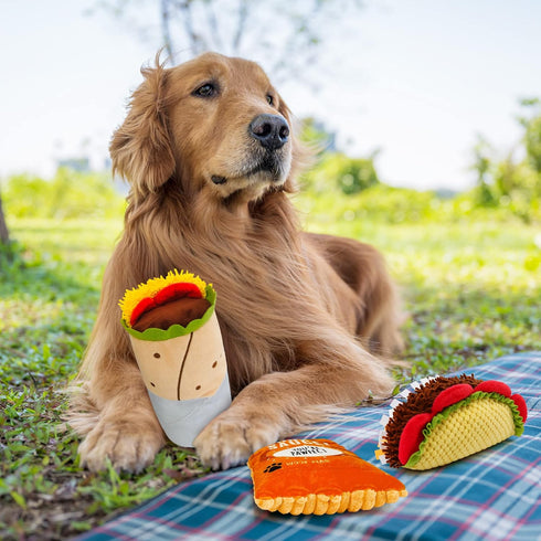 PrimePets Funny Dog Toys Set, 3 Pack Plush Squeaky Crinkle Toys for Small Medium Large Dogs (Burrito, Taco, Sauce)