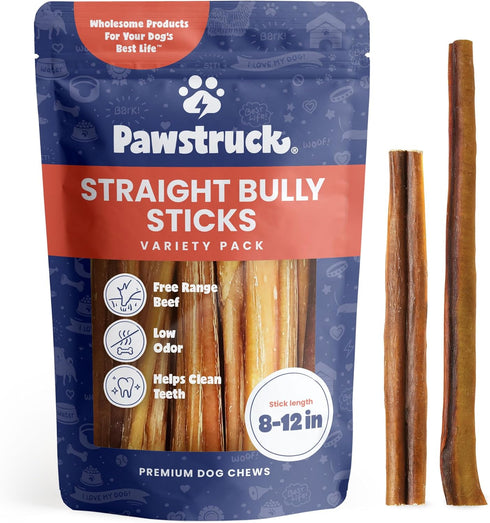 Pawstruck Natural 8-12" Bully Sticks for Dogs, 1 lb Bag, Rawhide Free, Low Odor, Grain Free, 100% Real Beef