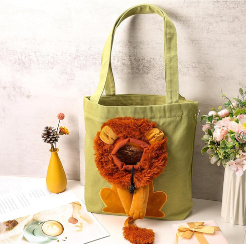 Cunno Portable Pet Canvas Shoulder Bag - Lion Shaped Cute Cat Carrier for Small Cat Dog Animal Supplies (Green)