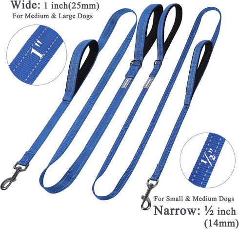 VIVAGLORY Traffic Handle Dog Leash, Two Padded Soft Handles, Strong Reflective & Metal Hook Training Lead, Blue