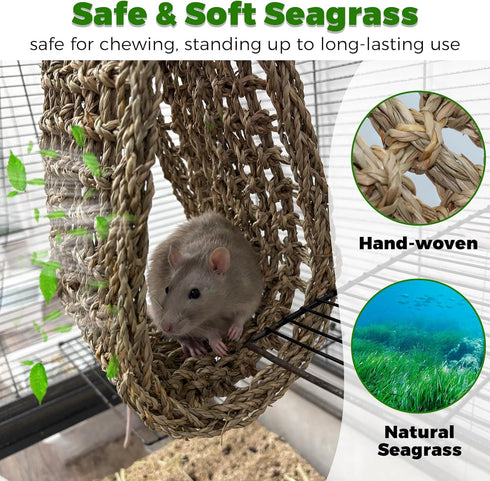 30x7inch Hammock Rat Climbing Toys for Cage, Chewable Natural Seagrass Mat with Metal Hooks, Soft Fall Breakers