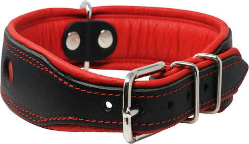 Dogs My Love Real Leather Soft Padded Dog Collar Reflective (13.75"-16.25" Neck; 1.75" Wide, Black/Red)