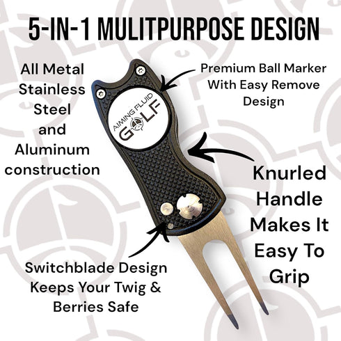 Premium 5-in-1 Golf Divot Repair Tool and Ball Marker, Club Tee, Putting Alignment, Switchblade Design Gift