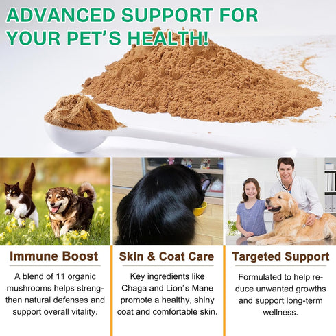 IRSRDOQU 11 Immune 120g Mushroom Supplement Powder for Dogs & Cats, Beneficial Mushroom Complex for Support, Cellular