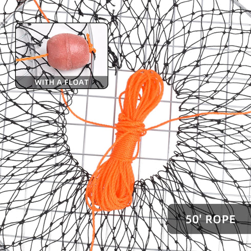 24" 20" 50' Double Ring Crab Trap - Steel Ring Crab Net, Top, Bottom, Rope, Bait Bag, Clip, Gauge for Dungeness, Rock