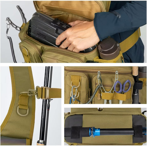 THKFISH Fishing Tackle Bag, Portable Fly Fishing Sling Pack with D-Rings and Waist Strap, Khaki
