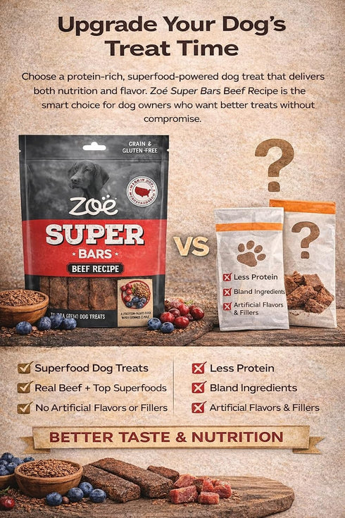 Hoiyen Packed 32 oz 2 (Pack 1) Zoe Super Bars Beef Recipe Dog Treats - Protein Snacks with Berries and Flax Grain