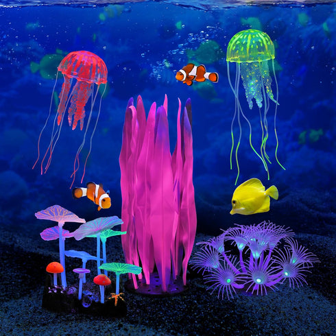 Lpraer 5 Pack Glow Aquarium Decorations, Kelp Coral Mushroom Jellyfish Simulation Plants for Fish Tank
