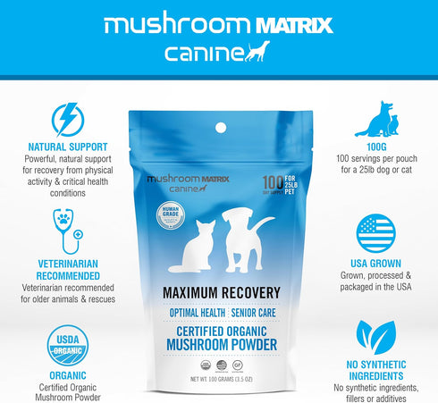 100 3.5 oz Om Mushroom Matrix Pet - Canine | Maximum Recovery | USA Grown Human-Grade Organic Mushroom Powder Pet