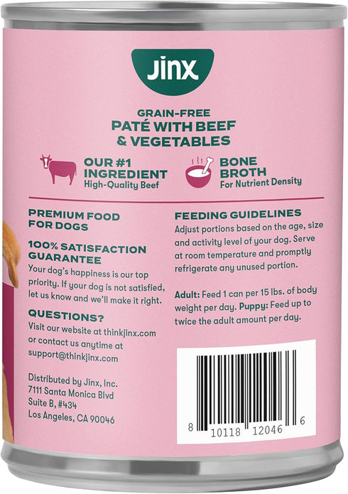 12-Pack, 13 Oz Jinx Premium Wet Dog Food Cans - Beef Pate - Grain-Free Canned Dog Food Pate & Topper with Real