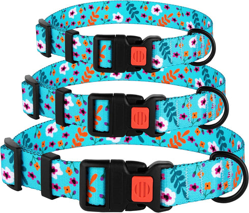 Nylon Dog Collar Floral Pattern Aquamarine, 12-16 Inch