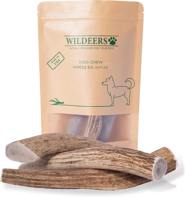 Wildeers Elk Antlers for Dogs Large, 3-Pack, Naturally Shed, Grade A, 7-9 inch Long Lasting Treats for Aggressive