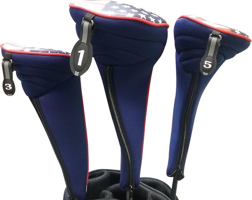 USA Patriot Golf Zipper Head Covers for Driver, 1, 3, 5 Fairway Woods, Neoprene Style, Fits All Clubs