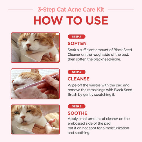 3-Step Chin(1EA) Wipes(30PCS) Brush(1EA) JAYU PET Cat Acne Care Kit - Hypoallergenic Cleanser for Feline Acne, Cat