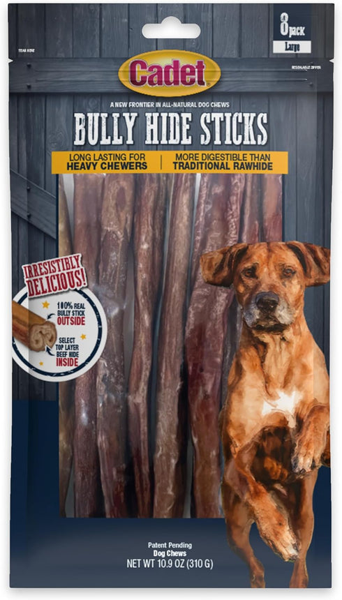 Cadet Bully Hide Sticks for Large Dogs – All-Natural Beef Pizzle, Low Fat, High Protein, 8 Count, Grain & Rawhide-Free