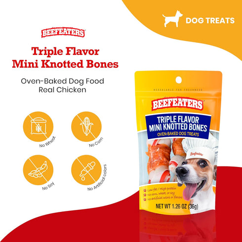 Beefeaters Dog Treats, Triple Flavor Mini Knotted Bones, 1.26oz, Case of 12, High Protein with Real Chicken