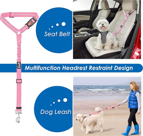 2 Pack Lukovee Dog Seatbelt Leash for Cars, Pet Safety Seat Belt with Adjustable Buckle & Reflective Bungee, Connect