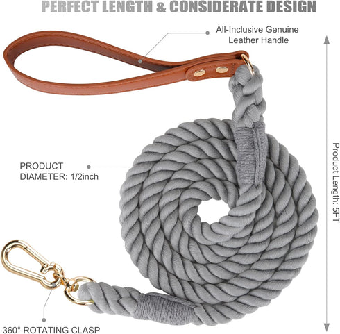 5 FT Dog Leash Handmade Braided Cotton Rope Dog Leash with Leather Handle for Small Medium and Large Dogs, Grey