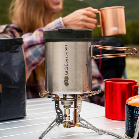 GSI Outdoors Glacier Personal Javapress, Stainless Steel Press Mug with Folding Handles, Brews 22 fl. oz.
