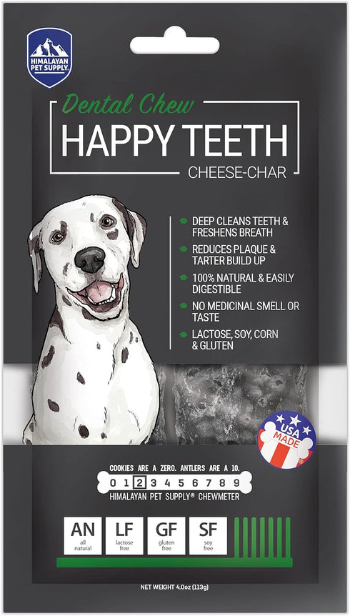 Happy Teeth Cheese & Charcoal Dental Dog Chews | Cheese Flavor with Activated Charcoal | Dental Chew | Protein Rich | Gluten Free - Lactose Free - Wheat Free - Soy Free| 2 Chews per Resealable Pouch