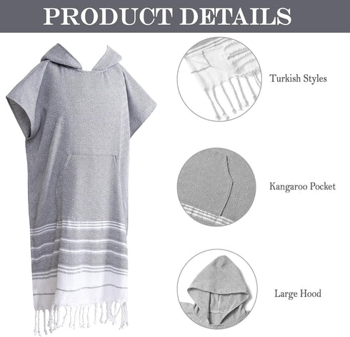 Sufeasdf 1pcs Turkish Towel Poncho Turkish Cotton Beach Poncho wim Cover Up Wearable Towel Hooded Poncho with Pocket