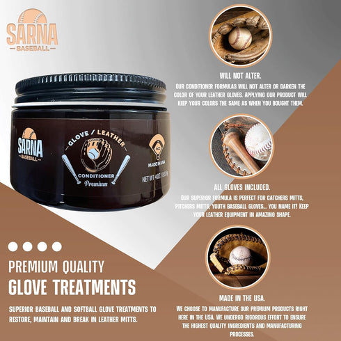Glove Leather Conditioner Cream - 4.0 oz, Use on Baseball & Softball Gloves, Other Leather Sports Equipment, Made in USA
