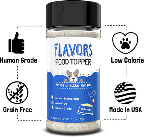 Flavors Food Topper for Dogs, Delicious Seasoning for Dog Food, Natural, Grain-Free Kibble Seasoning, White Cheddar