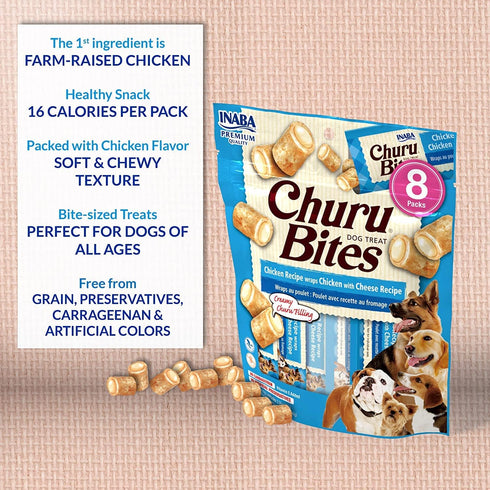0.42 24 INABA Churu Bites for Dogs, Grain-Free, Soft/Chewy Baked Chicken Wrapped Churu Filled Dog Treats, Ounces Each