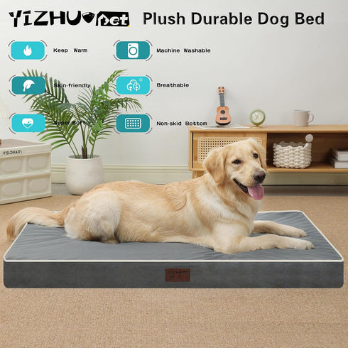 Dog Bed Mats for Big Dogs - Orthopedic Thick Egg Foam Crate Bed, Removable Washable Cover, Non-Slip Bottom (Dark Gray,