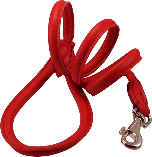 Dogs My Love 4ft Long Round Genuine Rolled Leather Dog Leash, Red (Large: 1/2")