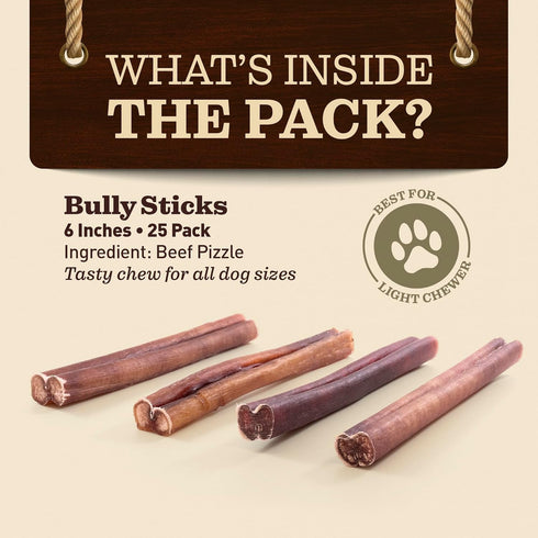 EVER FARM (6", 25 Pack) 100% Odor-Free Standard Bully Sticks Grass-Fed Beef Pizzle Dog Chews, Fully Digestible