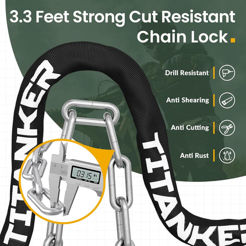 Titanker Security Anti-Theft Bike Chain Lock - 6mm, 8mm, 10mm Thick Chain for Bicycle, Motorcycle, Door