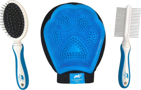 Animal Planet Pet Daily Grooming Kit (3 Pack) for Dogs & Cats - Reversible Grooming Glove, Double Sided Comb & Brush