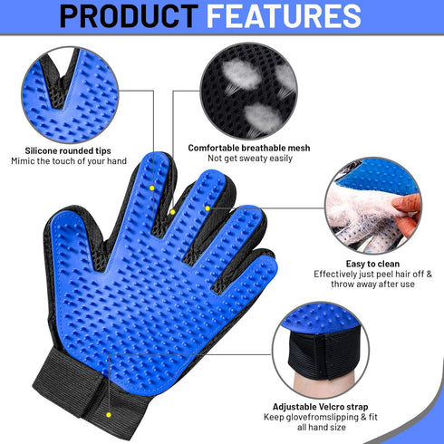 Upgrade Pet Grooming Gloves for Dogs, Cats, Rabbits & Horses, Efficient Hair Remover Mittens - 1 Pair (Blue)