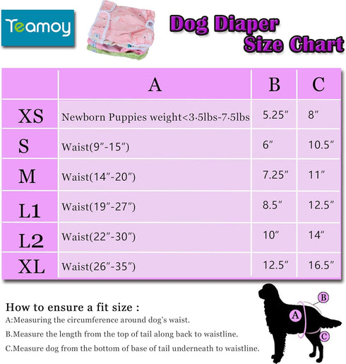 4-Pack, Teamoy Female Dog Diapers for Heat Reusable Dog Period Diaper Wraps for Incontinence, Training