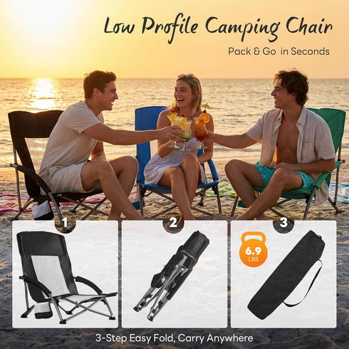 NEWBULIG Low Beach Chair Folding Camping Chair for Adults, Low Profile Lawn Chair with Cup Holders & Carry Bag, Extra