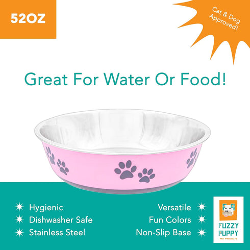 Fuzzy Puppy Food Bowl & Water Bowl, Designer Series, Paw Print Detail, Stainless Steel & Pink, 52 oz