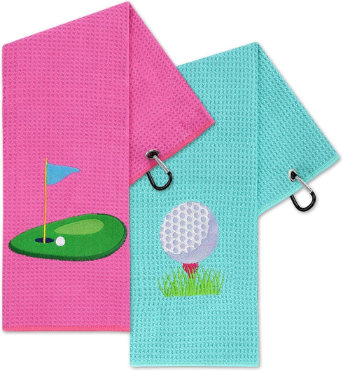 Set of 2 Vansolinne Golf Gifts for Women Microfiber Waffle Pattern Golf Towels with Clips - Pink Blue