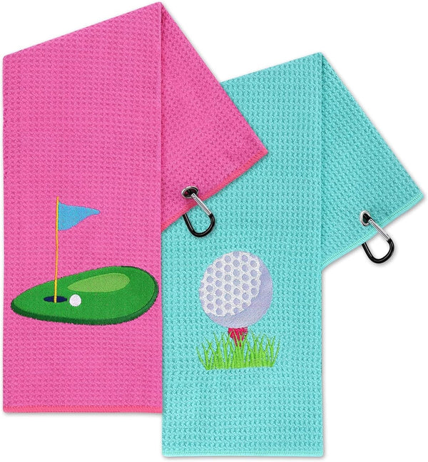 Set of 2 Vansolinne Golf Gifts for Women Microfiber Waffle Pattern Golf Towels with Clips - Pink Blue