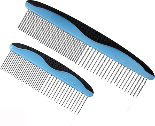 Dog Grooming Comb Set - 2 Pack with Stainless Steel Teeth, Comfort Grip Handle, Large and Small Pet Combs