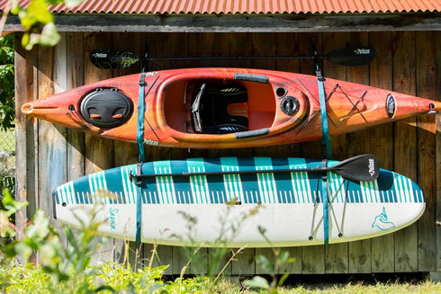 Pelican Double Kayak Storage Strap System for Indoor and Outdoor Kayak and SUP Paddle Board Hangers with Paddle Clips